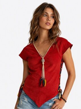 Vintage 90s Coco Loco Red Faux Suede Festival Top Feather Tassel Lace Up Boho Y2